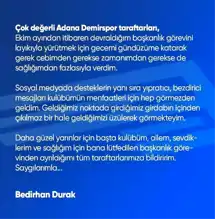 Adana Demirspor Başkanı Durak İstifa Etti