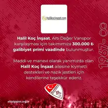 Elazığspor'a 300 Bin TL Prim Desteği!