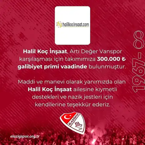 Elazığspor'a 300 Bin TL Prim Desteği!